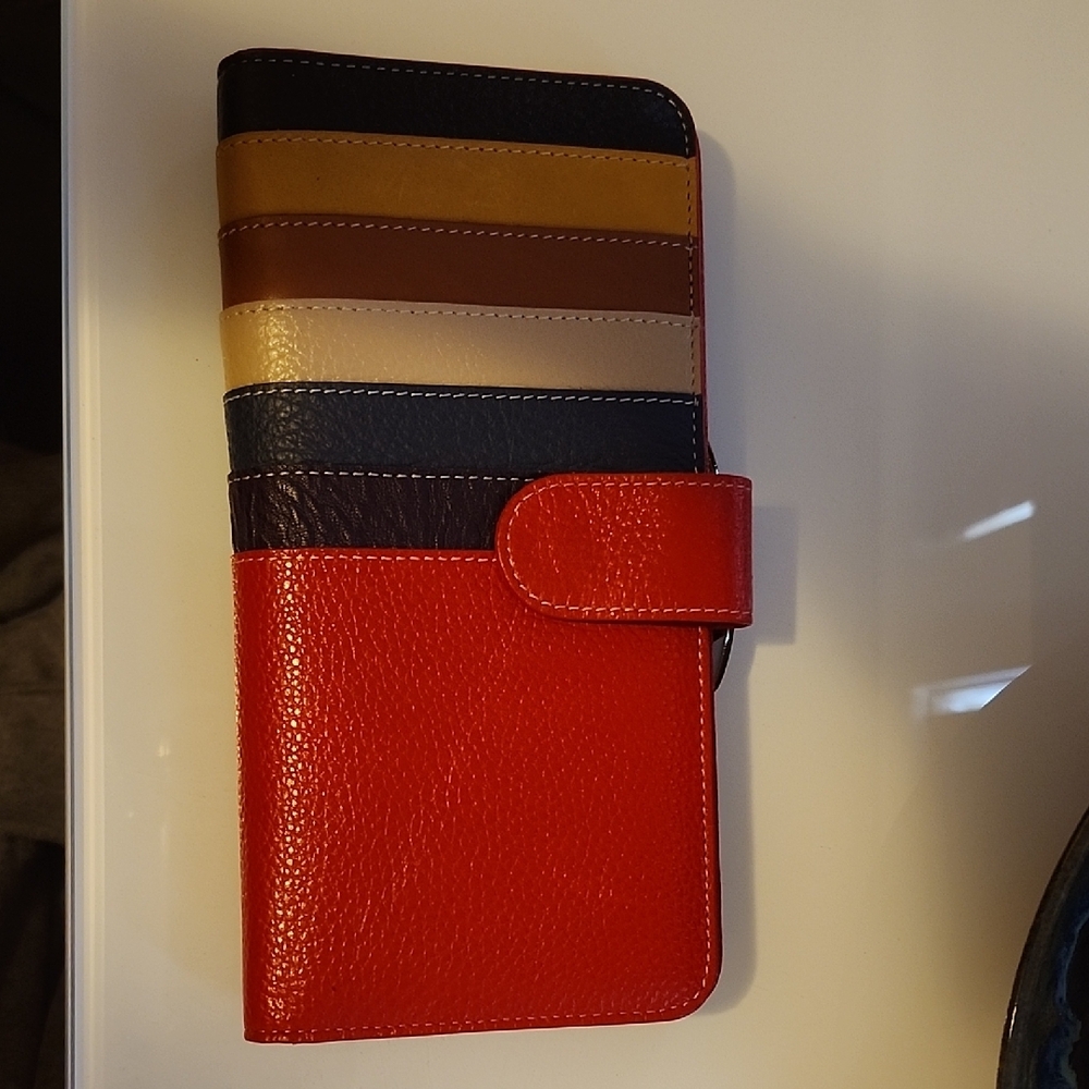 Striped Leather Wallet with Snap Closure